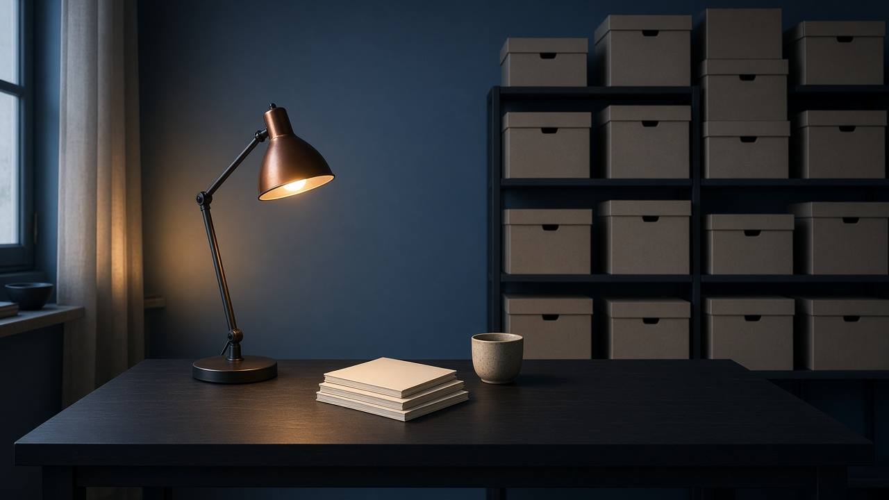 Mesa de trabalho com pilha de cadernos